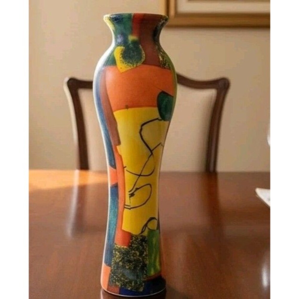 Modern Patchwork Ceramic Vase 13" Multi Color Matte Geometric Abstract Accent